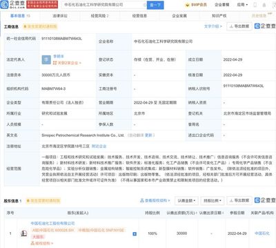 中国石化成立石油化工科学研究院,注册资本3亿元