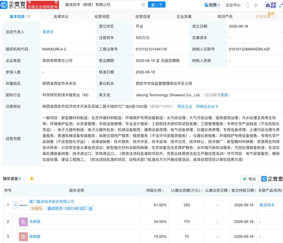 嘉戎技术等成立新公司,含新型膜材料业务